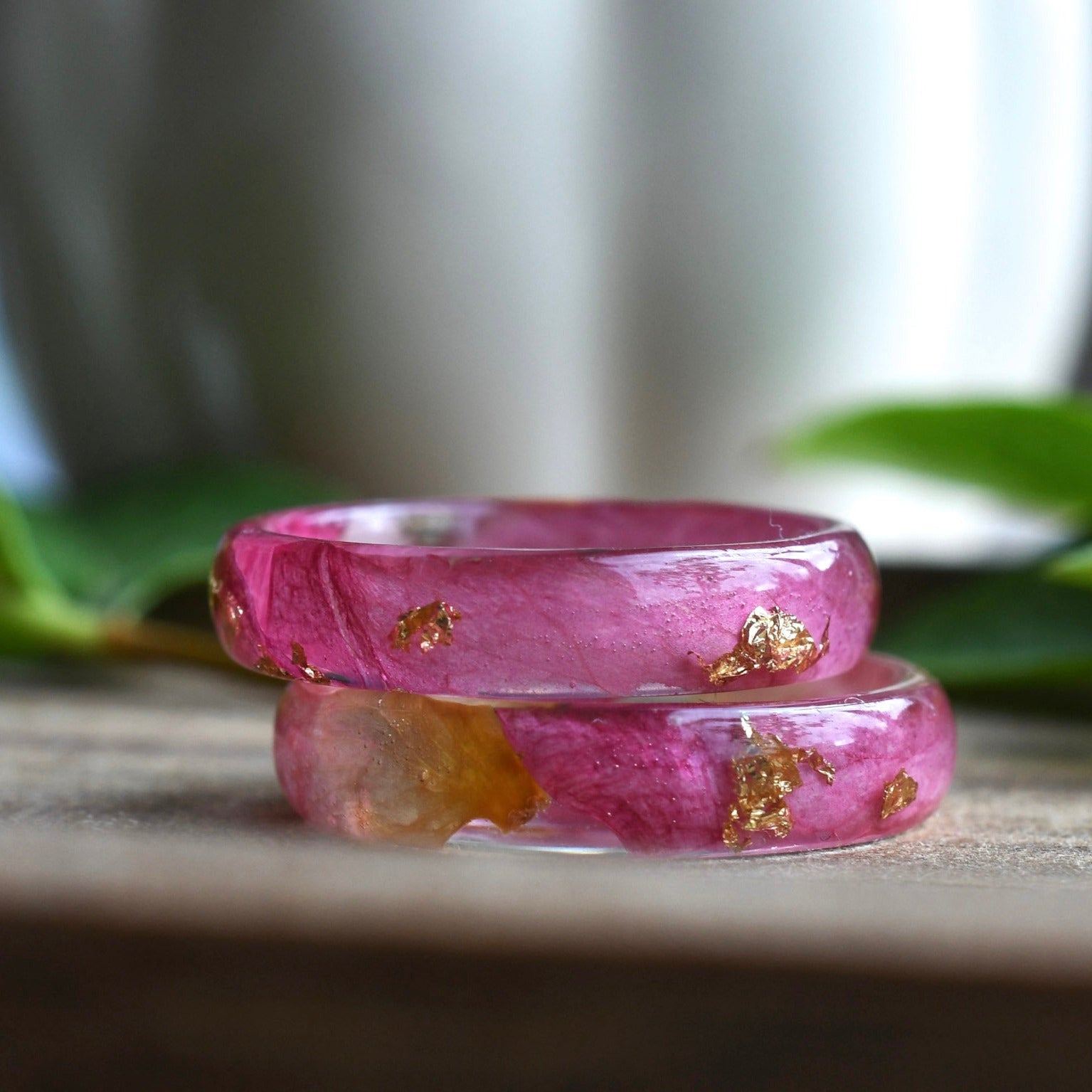 Thin peony resin ring with metallic gold flakes — minimalist handmade jewelry