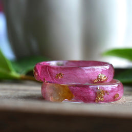 Thin peony resin ring with metallic gold flakes — minimalist handmade jewelry