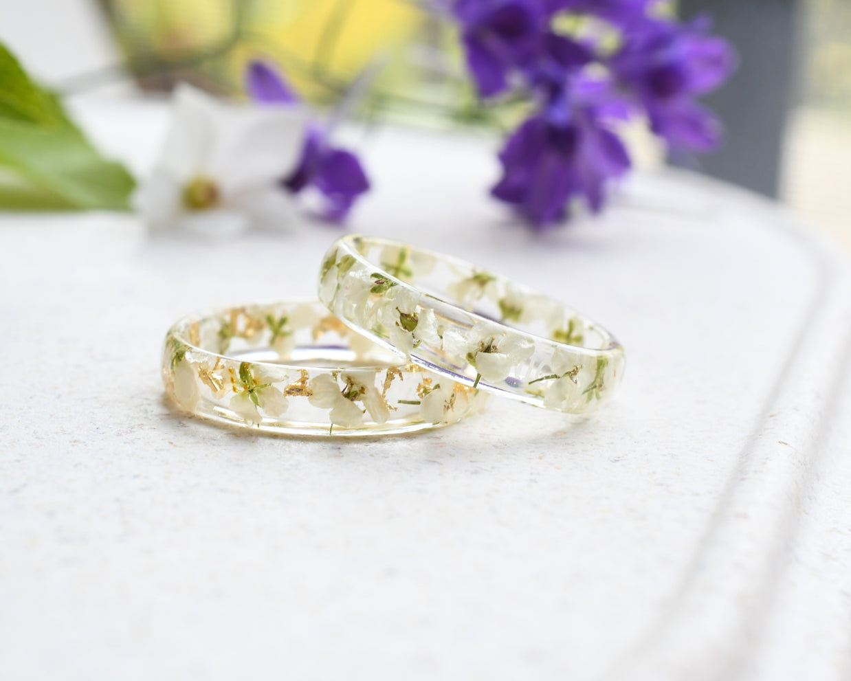 Real flower thin resin band, nature-inspired jewelry