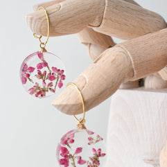 Real heather flower hoop earrings, handmade resin botanical jewelry