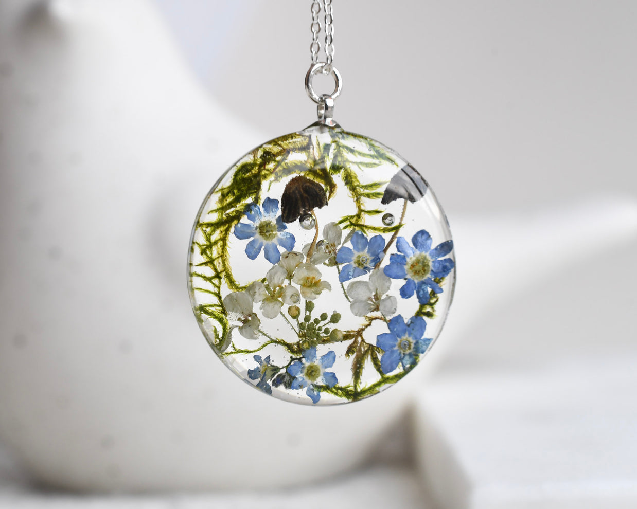 Real mushroom and flower necklace — handmade botanical resin jewelry