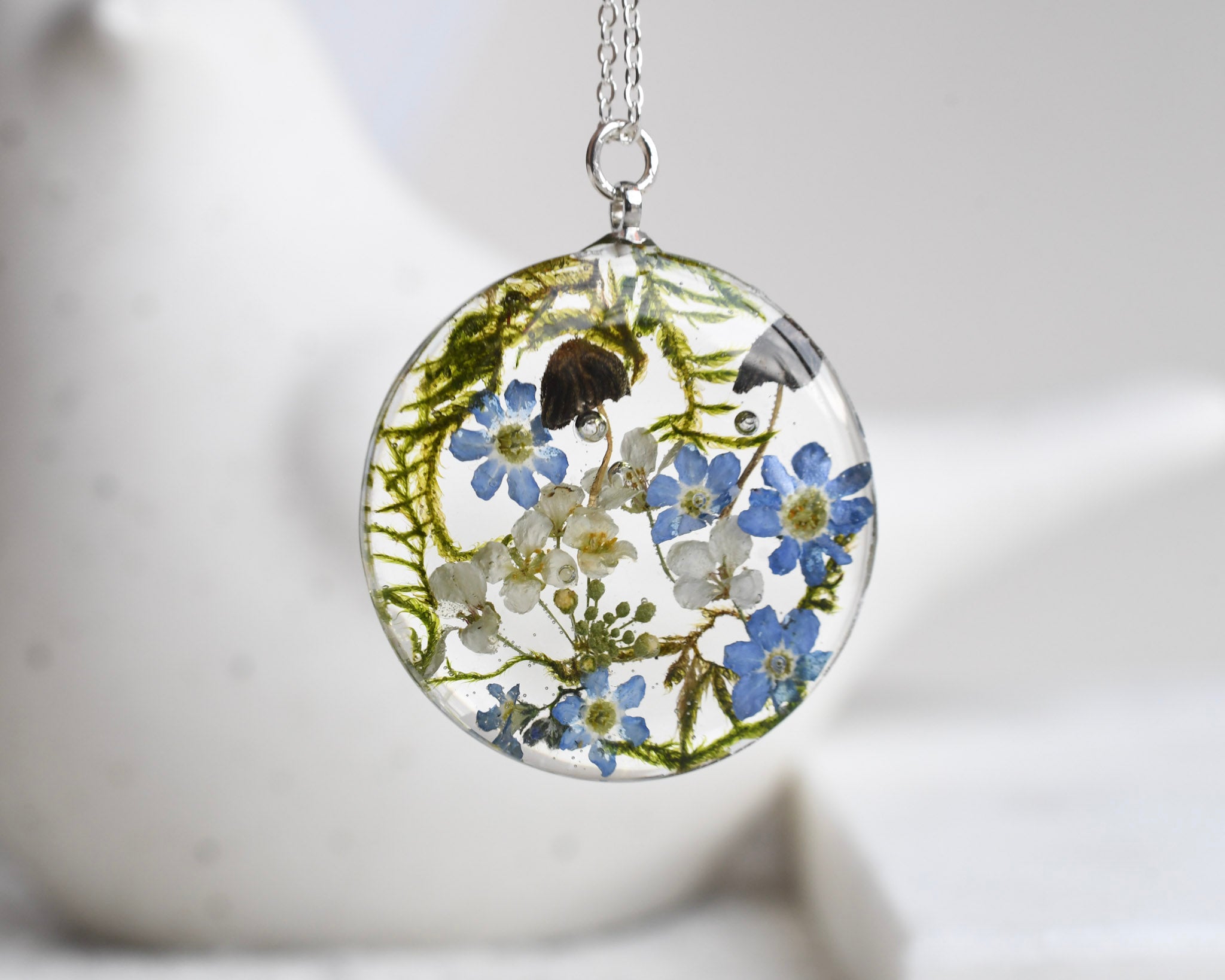 Real mushroom and flower necklace — handmade botanical resin jewelry