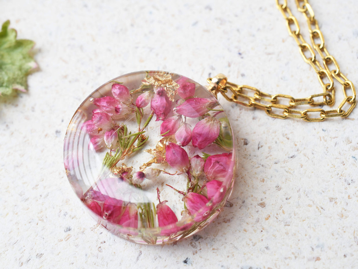 Botanical resin pendant with real heather flowers on gold-plated chain
