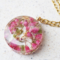 Botanical resin pendant with real heather flowers on gold-plated chain