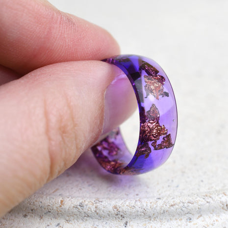 Handmade violet resin ring worn on hand — bold unisex statement jewelry