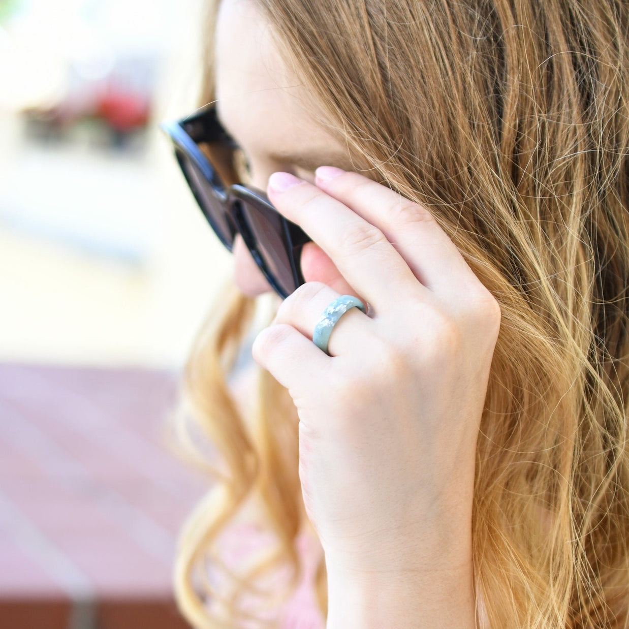 Handmade mint faceted ring on hand, modern stacking jewelry