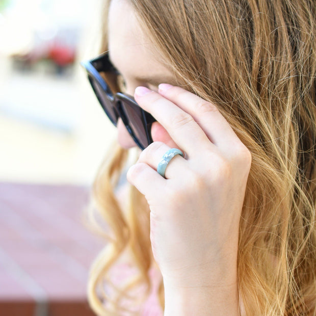 Handmade mint faceted ring on hand, modern stacking jewelry