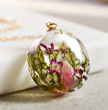 Moss, pink alyssum, and pink tourmaline crystal necklace handmade by Resity in Vienna