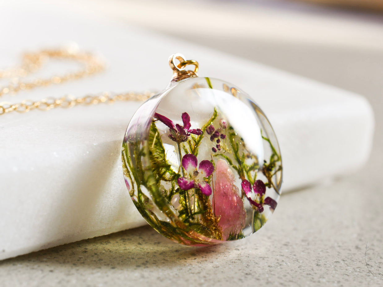 Moss, pink alyssum, and pink tourmaline crystal necklace handmade by Resity in Vienna