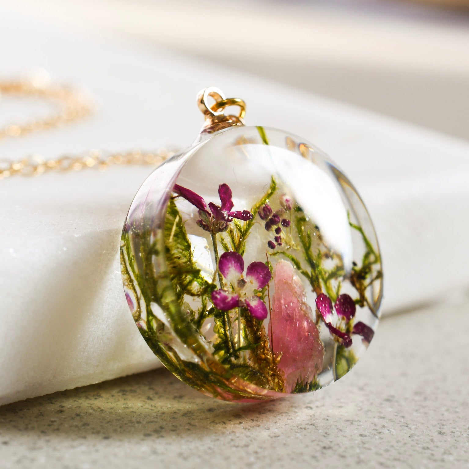 Moss, pink alyssum, and pink tourmaline crystal necklace handmade by Resity in Vienna