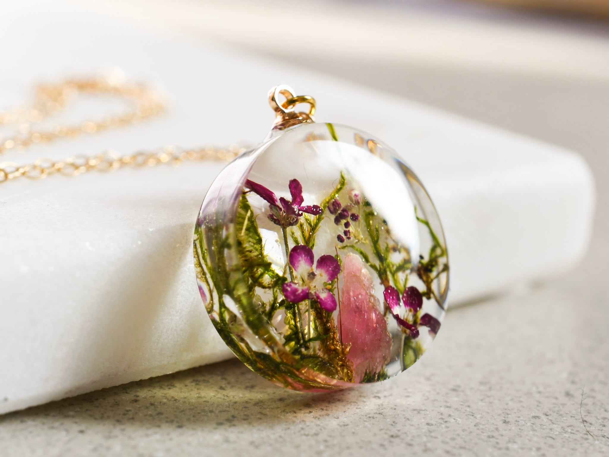 Moss, pink alyssum, and pink tourmaline crystal necklace handmade by Resity in Vienna