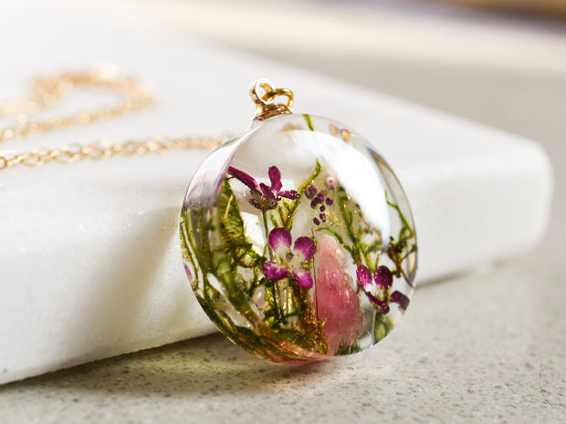 Moss, pink alyssum, and pink tourmaline crystal necklace handmade by Resity in Vienna