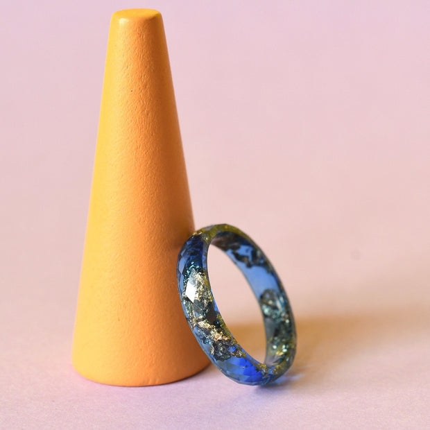 Sapphire blue resin ring with gold leaf handmade by Resity in Vienna