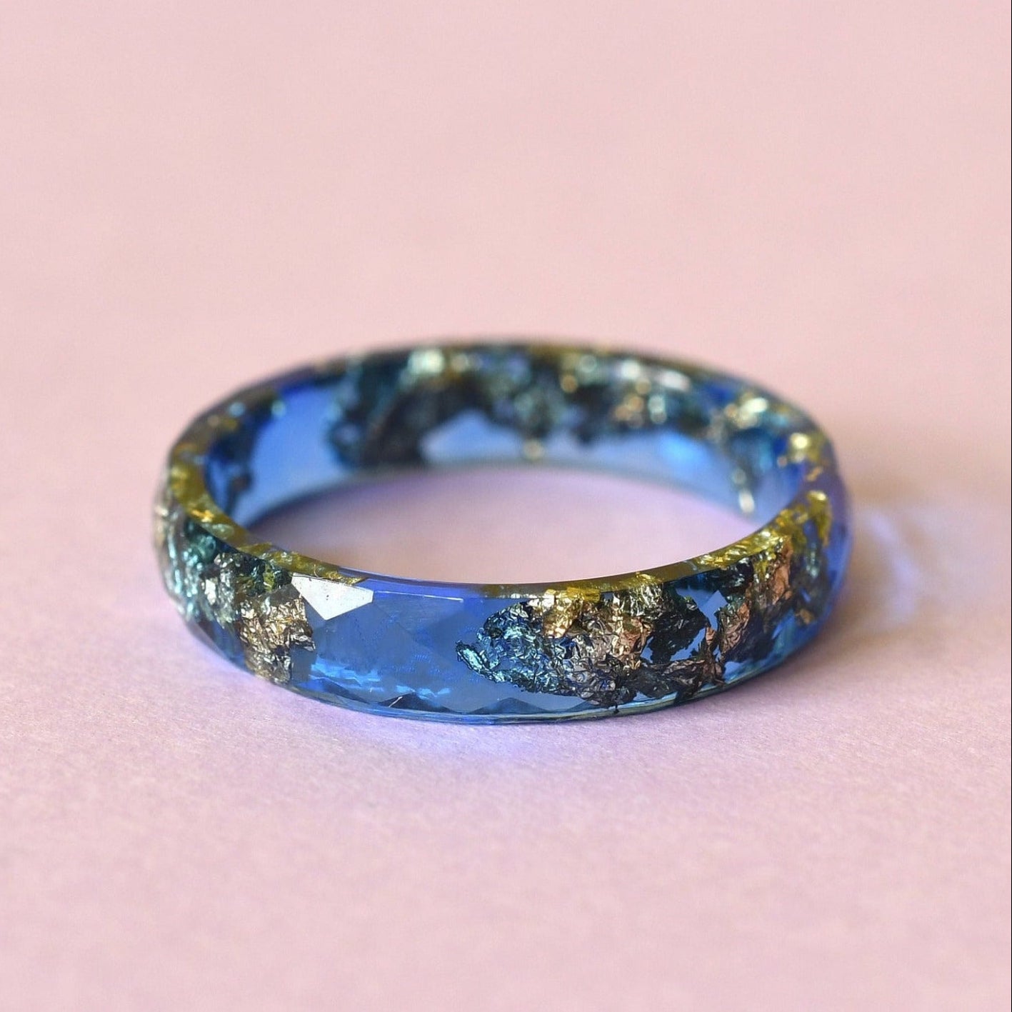 Sapphire Gleam faceted blue resin ring gold flakes