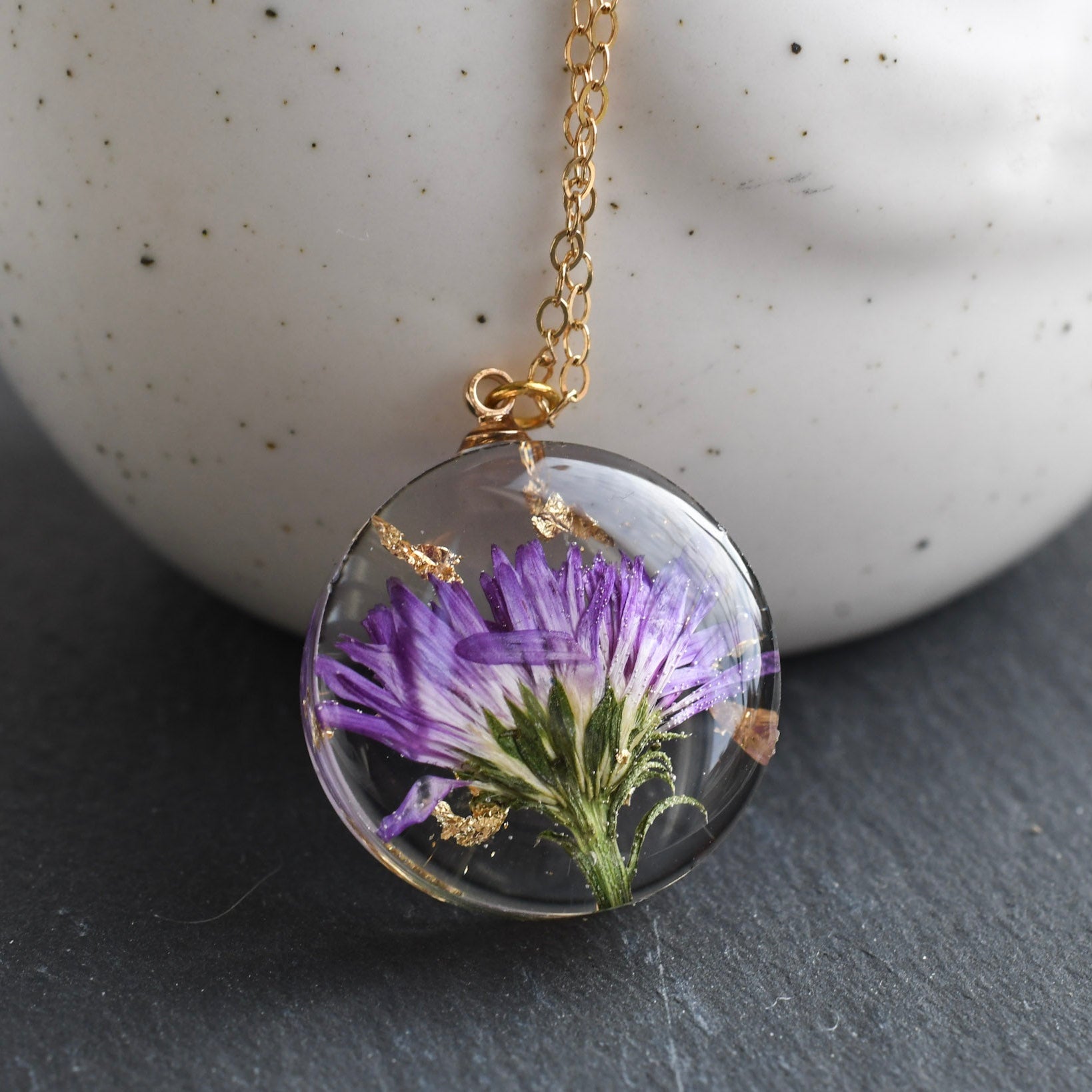 Aster Bloom Necklace — real aster flower pendant for September birth flower lovers, handmade in Vienna by Resity