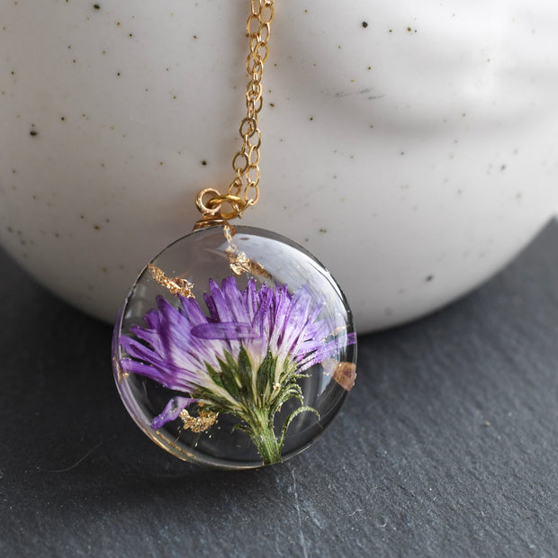 Aster Bloom Necklace — real aster flower pendant for September birth flower lovers, handmade in Vienna by Resity