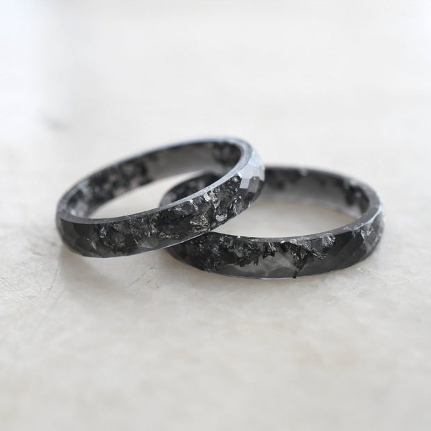 Faceted black resin ring with silver leaf handmade by Resity in Vienna