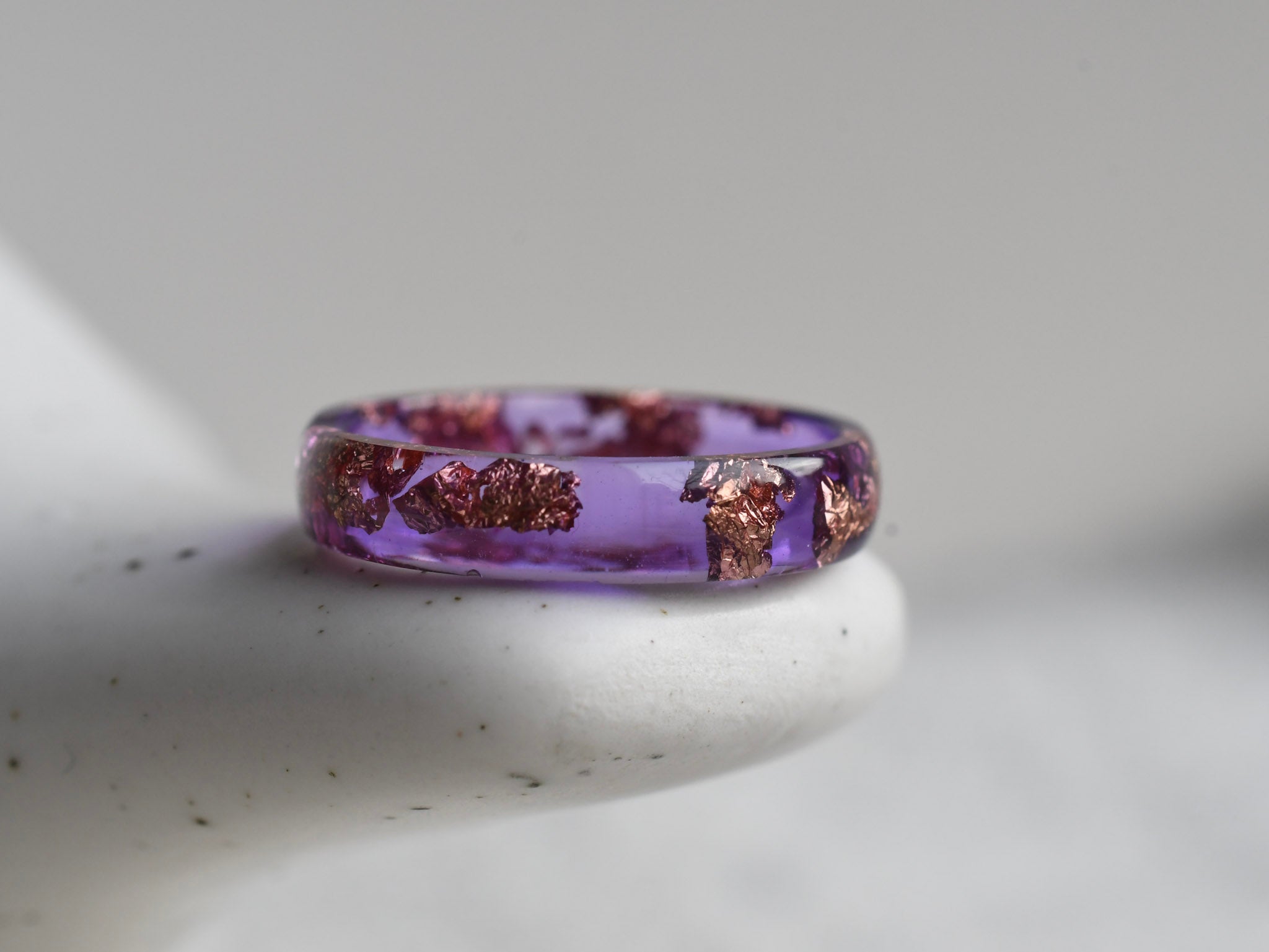 Slim purple resin promise ring with metallic rose gold detail — handmade by Resity