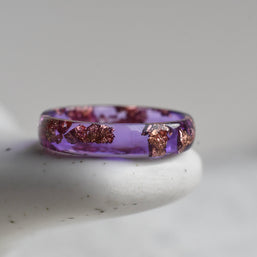 Slim purple resin promise ring with metallic rose gold detail — handmade by Resity