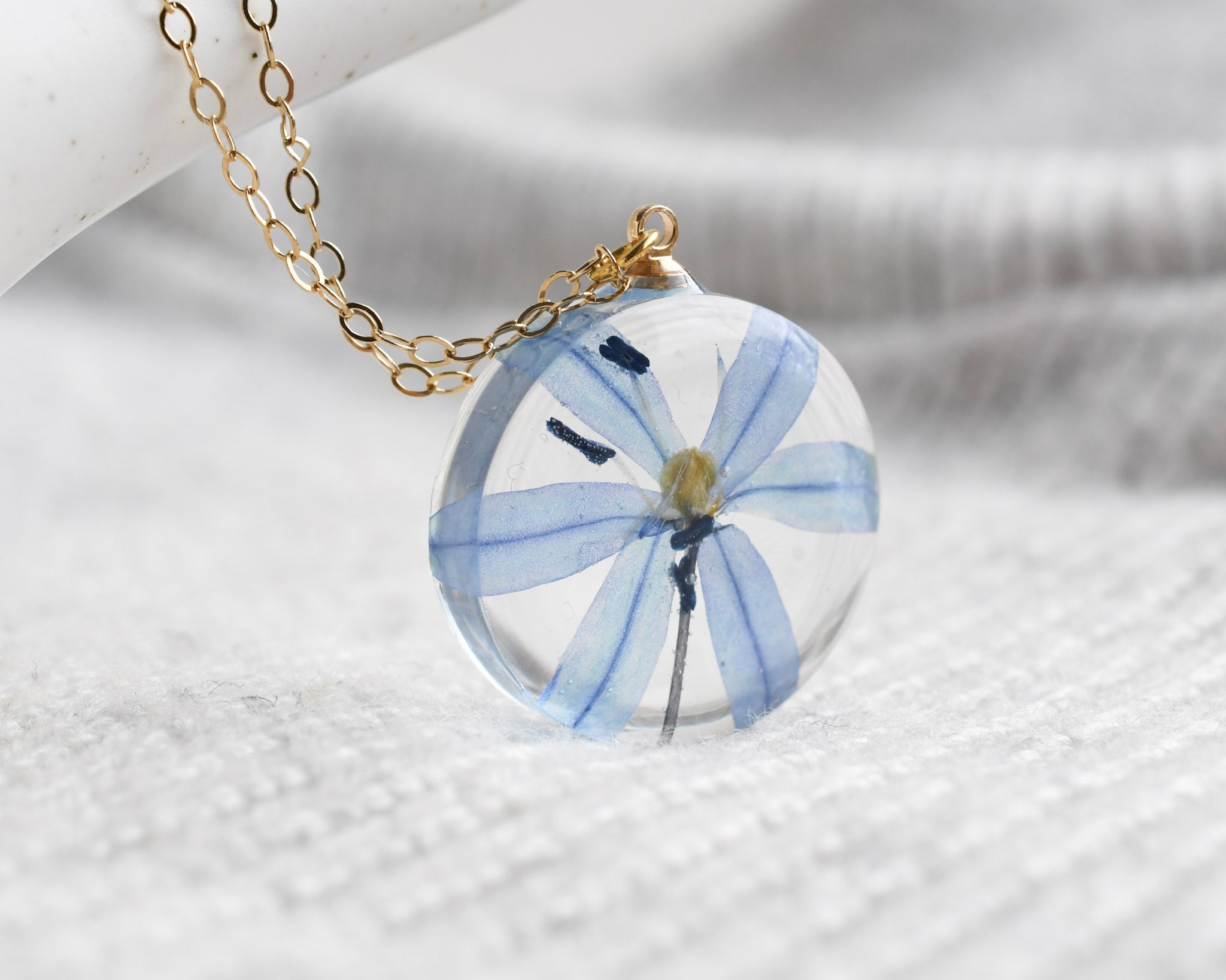 Minimalist spring flower necklace with pressed Siberian Squill and gold chain