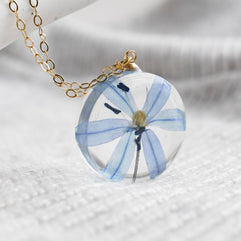 Minimalist spring flower necklace with pressed Siberian Squill and gold chain