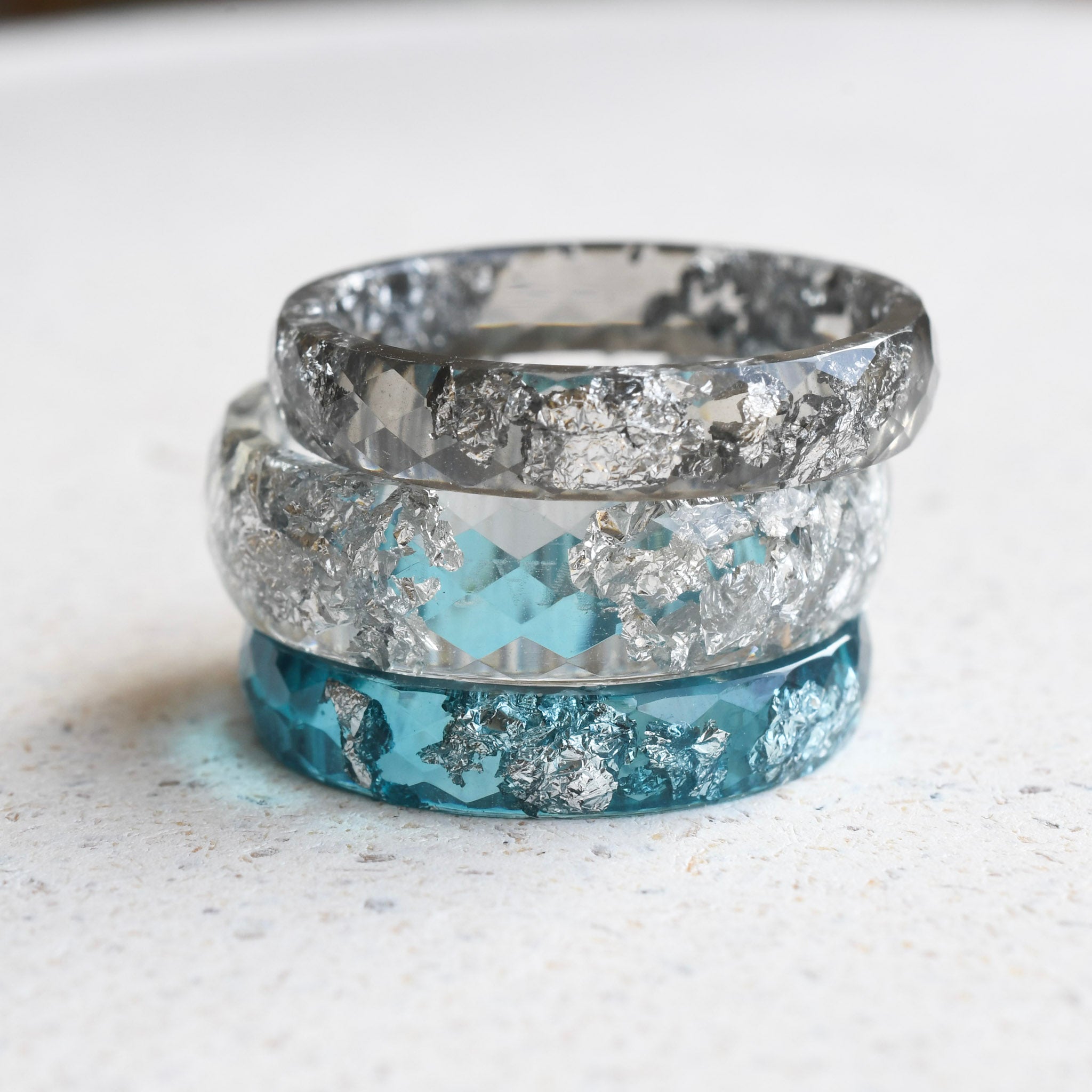 grey clear and blue resin 3 ring stack with silver flakes handmade in Vienna