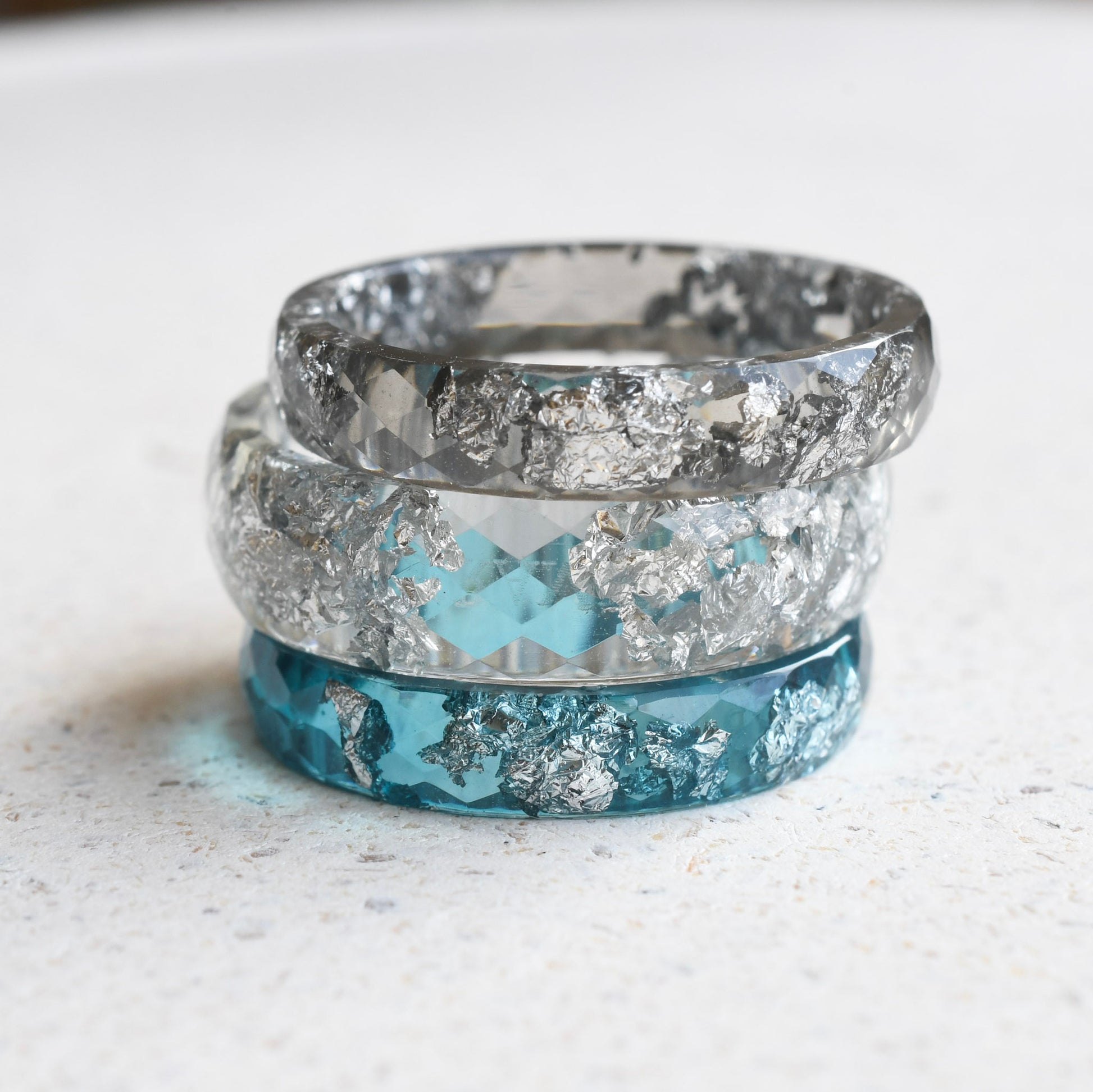 grey clear and blue resin 3 ring stack with silver flakes handmade in Vienna