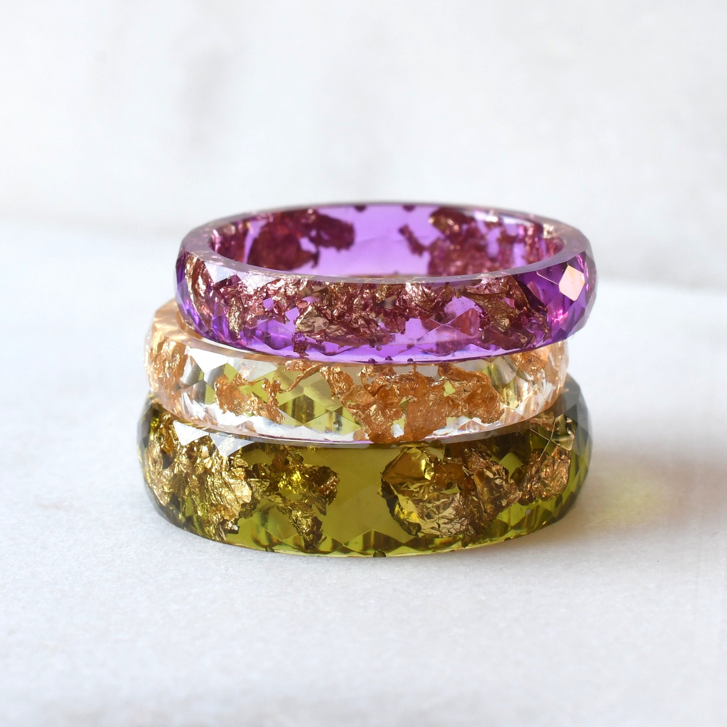 purple yellow and clear resin 3 ring stack with gold flakes handmade in Vienna