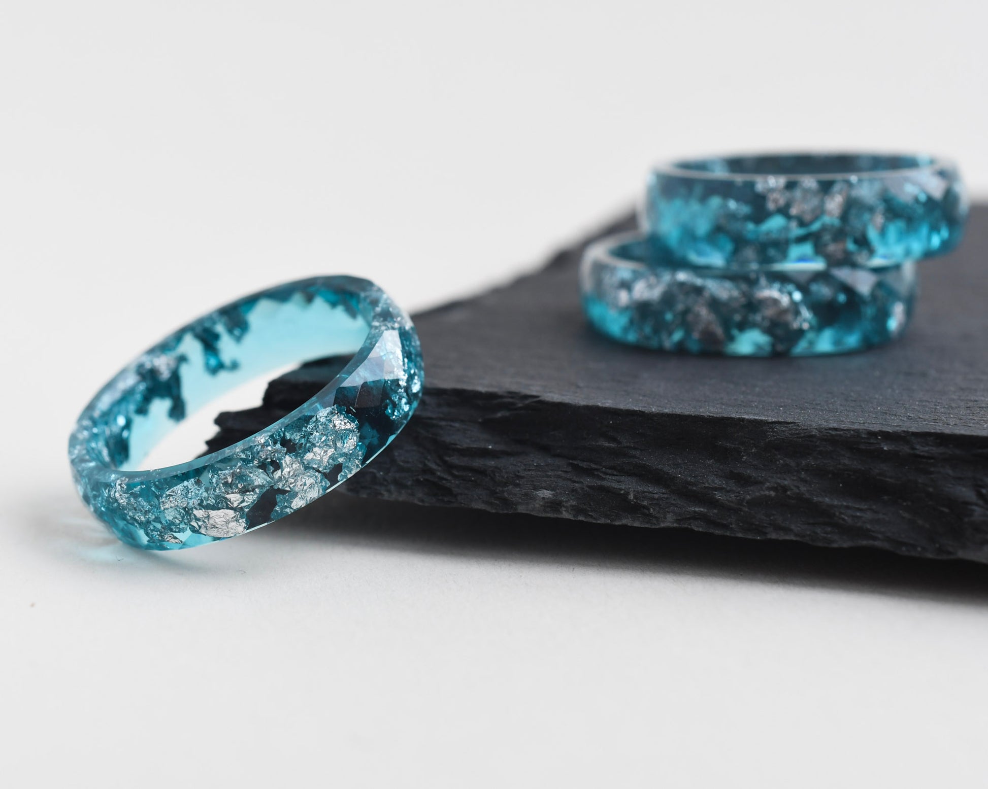 Silver flake teal resin ring contemporary design
