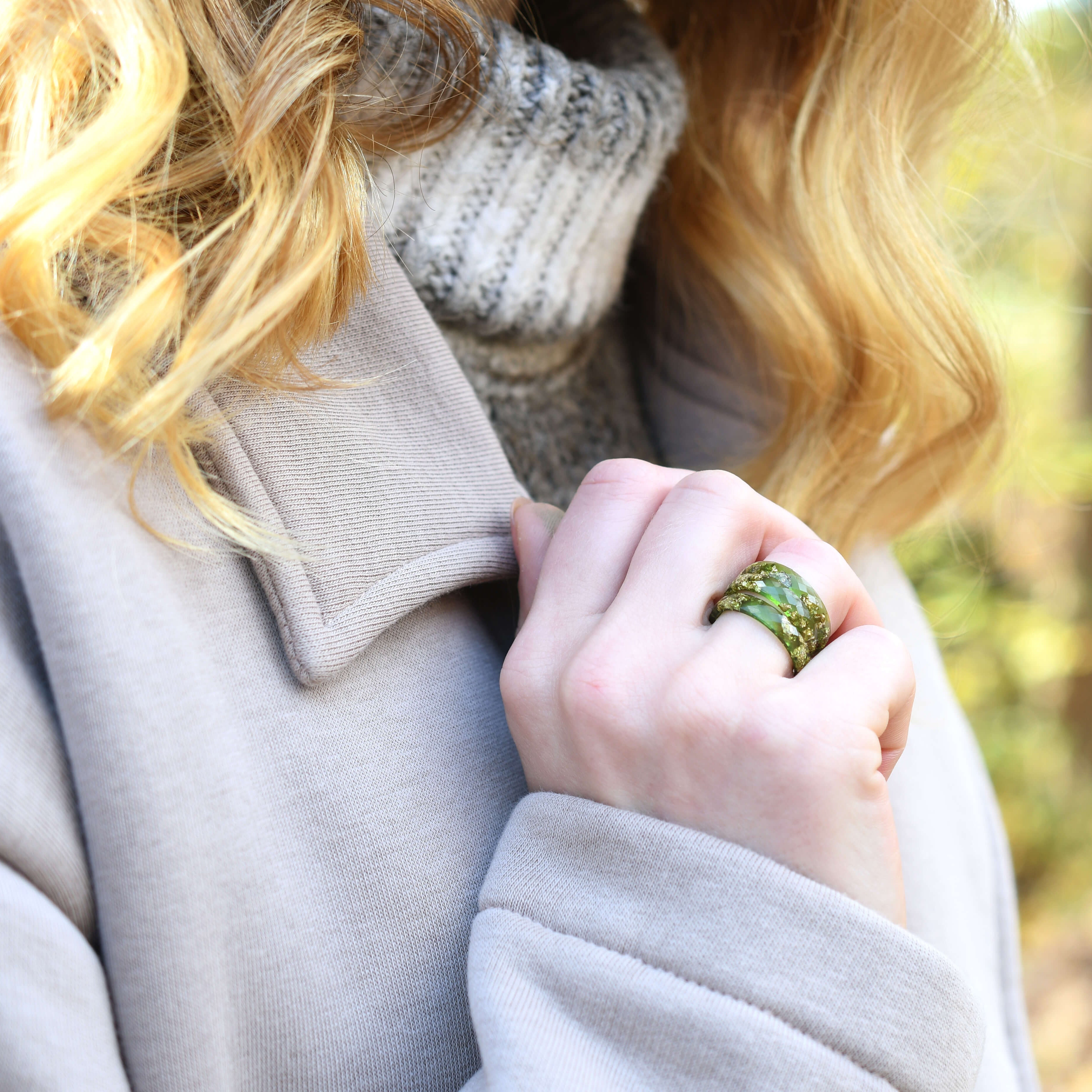 Hand-cast green resin stacking ring lightweight design