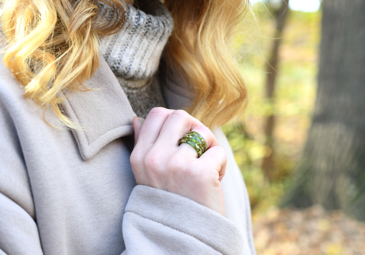 Hand-cast green resin stacking ring lightweight design