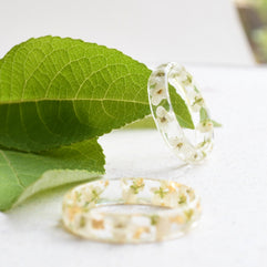 White alyssum thin resin ring with gold leaf accents