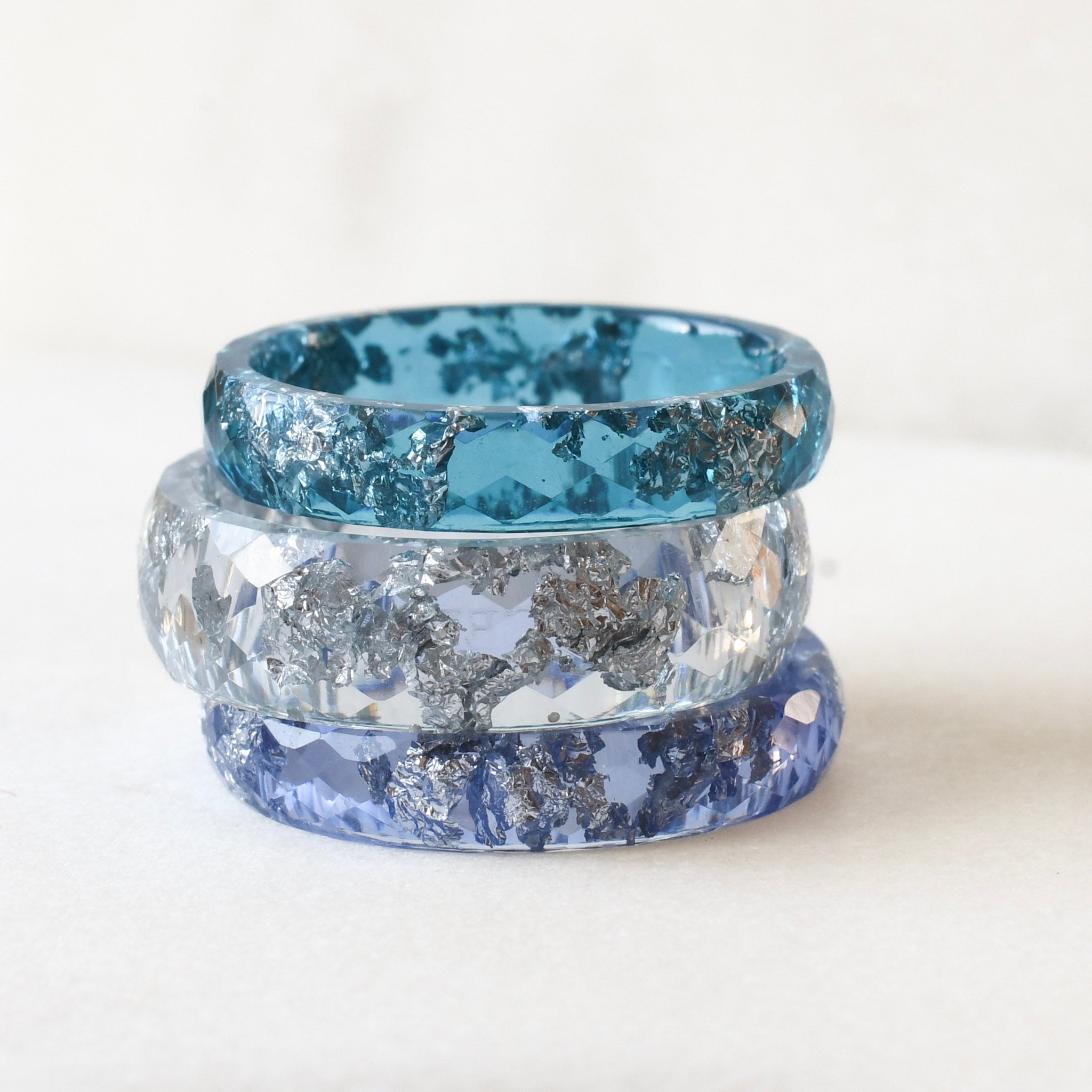 blue clear and purple resin 3 ring stack with silver flakes handmade in Vienna