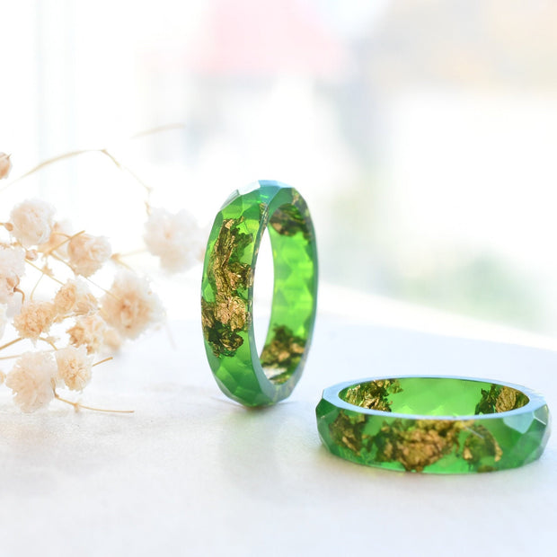 Bright green resin ring with gold flakes handmade by Resity in Vienna