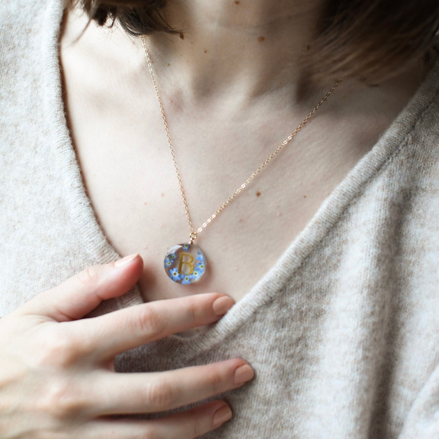 Blue Whisper Initial – Forget-Me-Not Resin Necklace