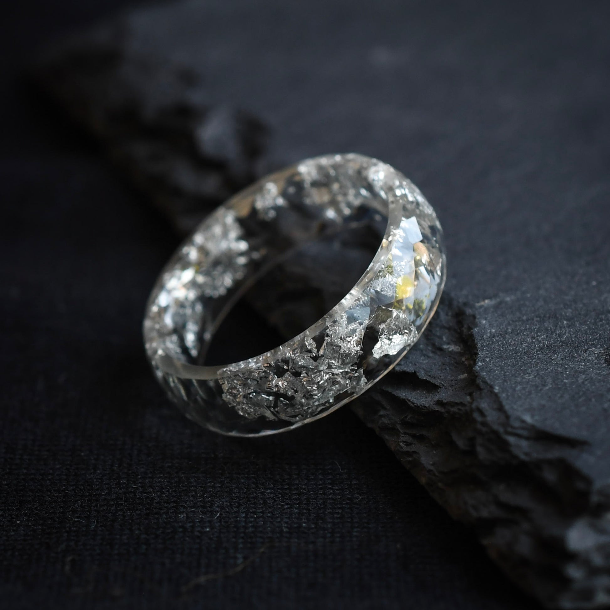 Vienna handmade clear resin ring with silver leaf modern mens jewelry design