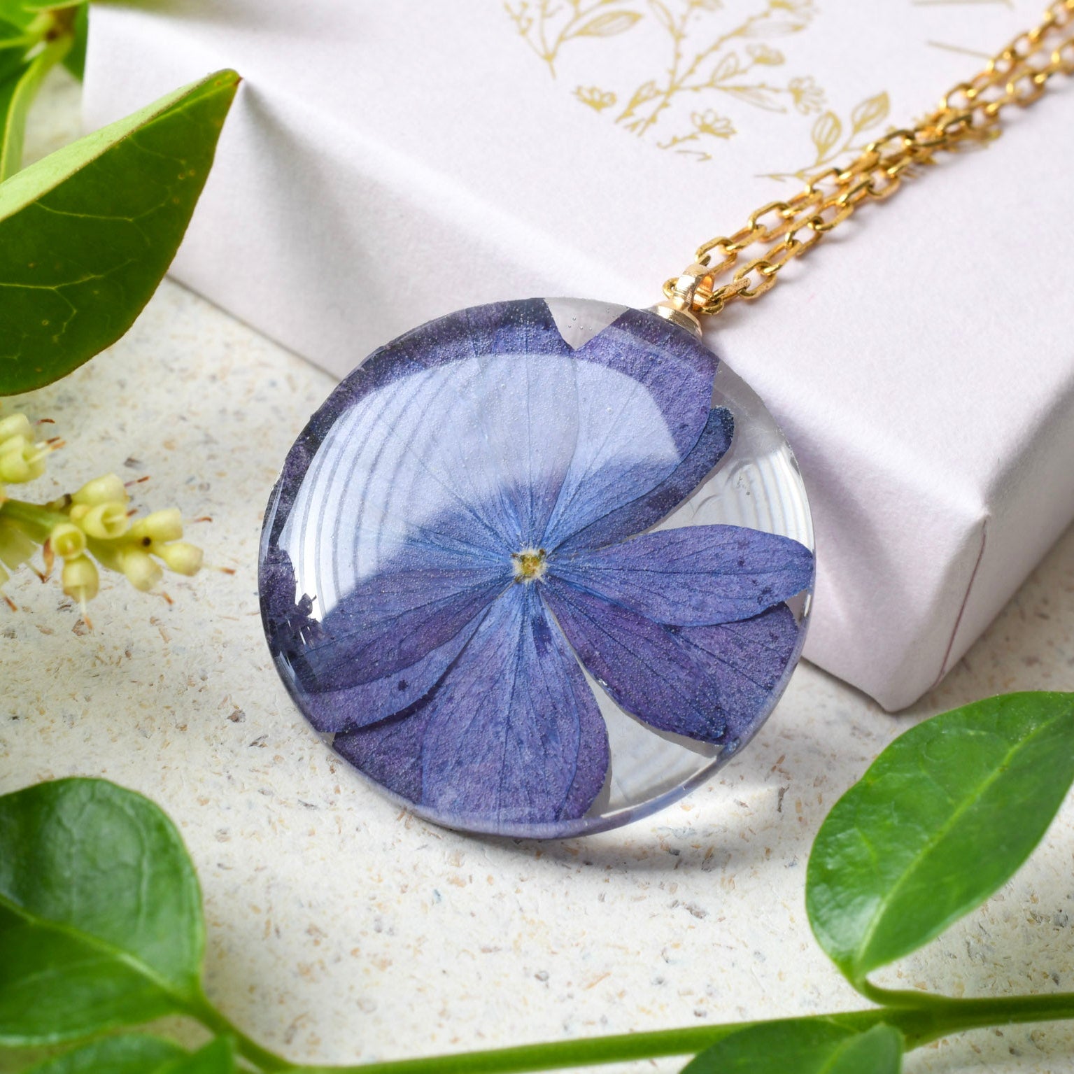 Purple hydrangea flower necklace handmade by Resity in Vienna