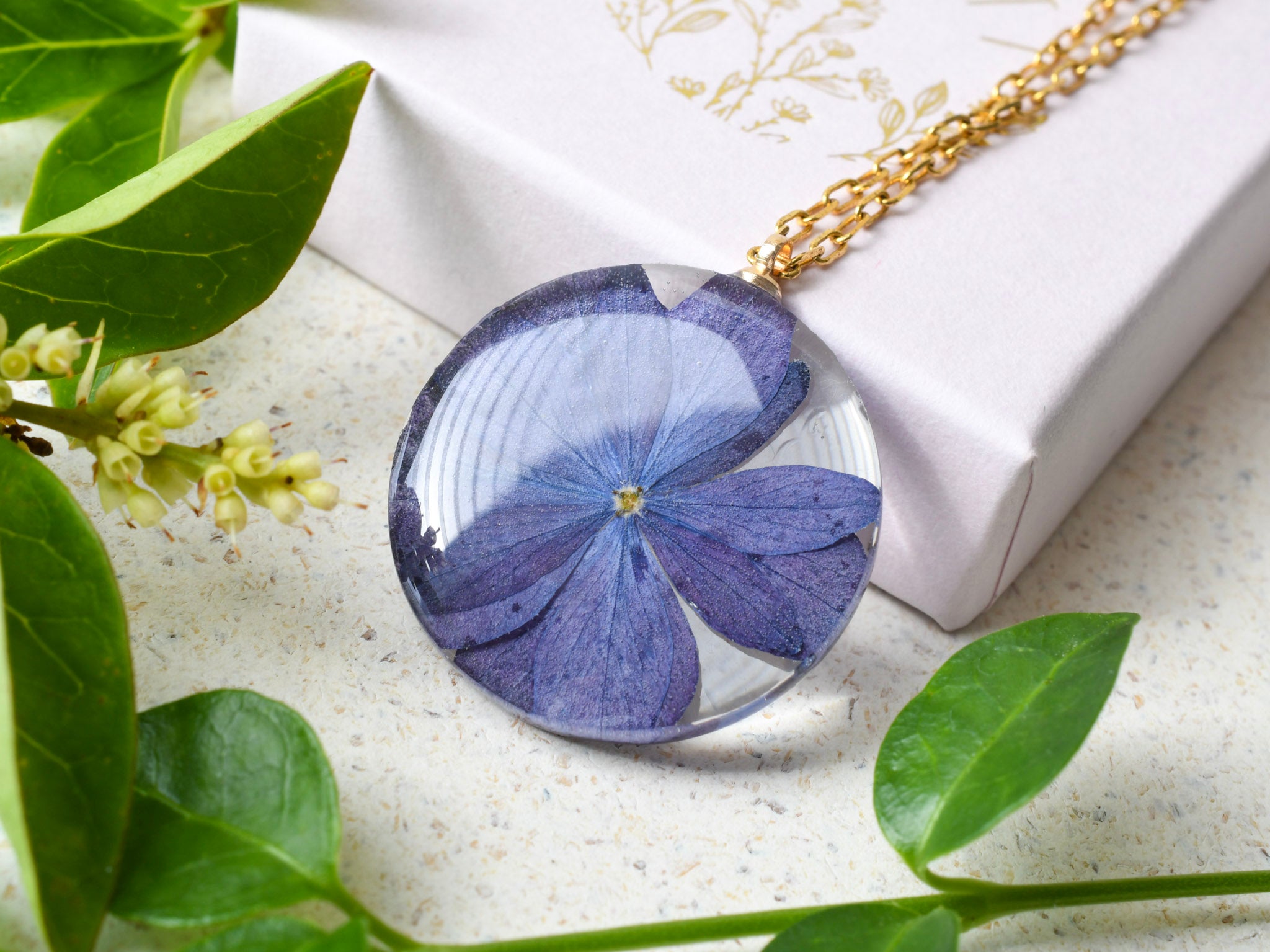 Purple hydrangea flower necklace handmade by Resity in Vienna
