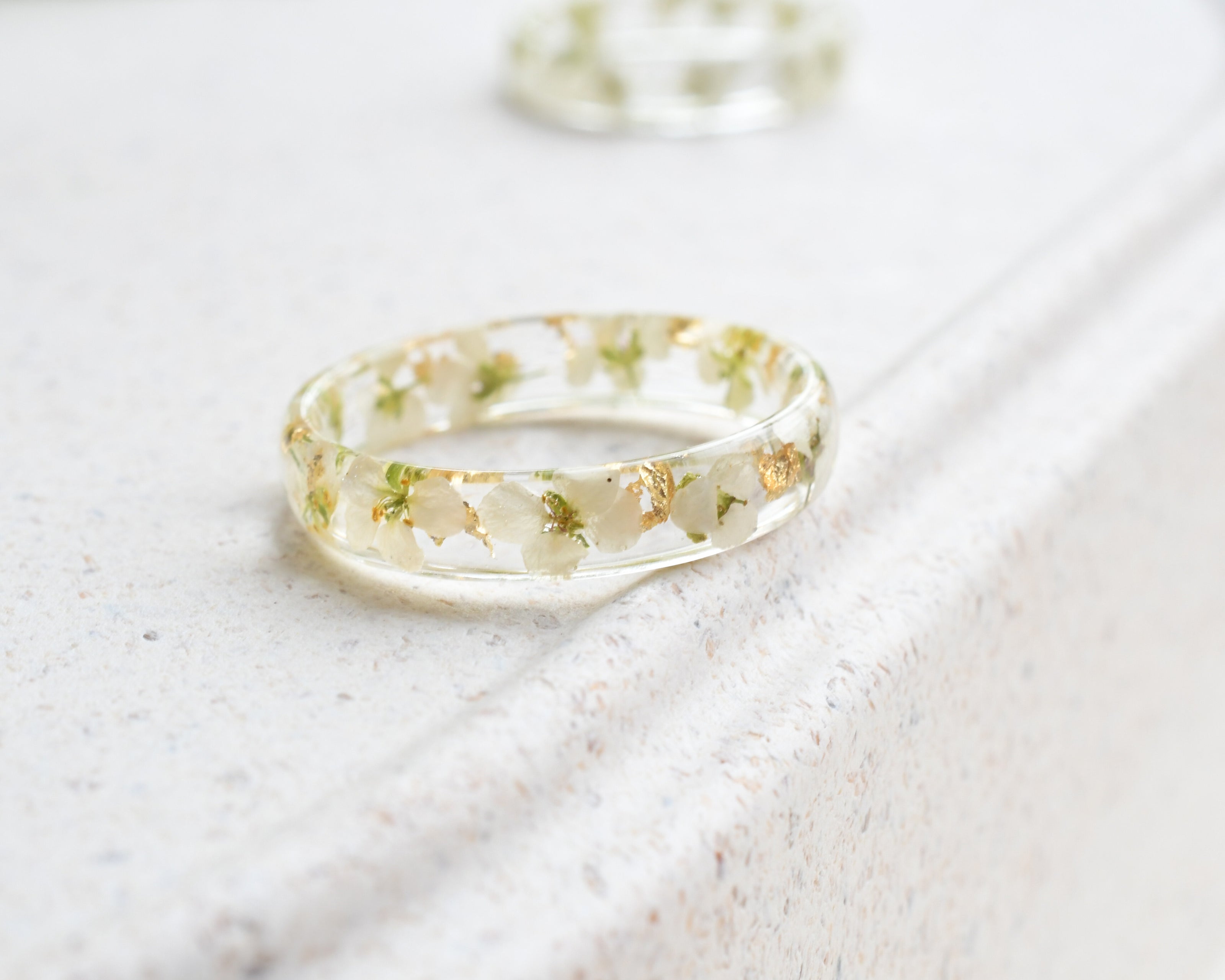 White flower resin band, lightweight handmade ring