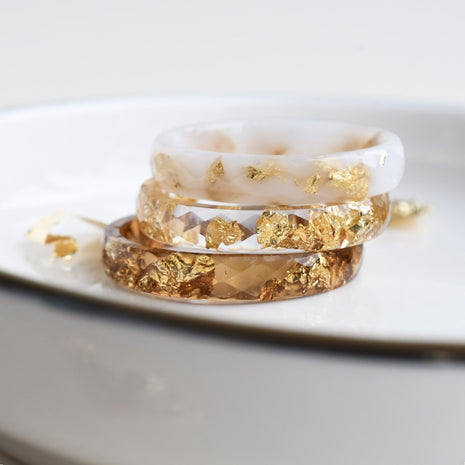 Slim white resin ring with metallic gold leaf minimalist jewelry