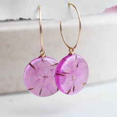 Real dandelion seed earrings in transparent pink resin