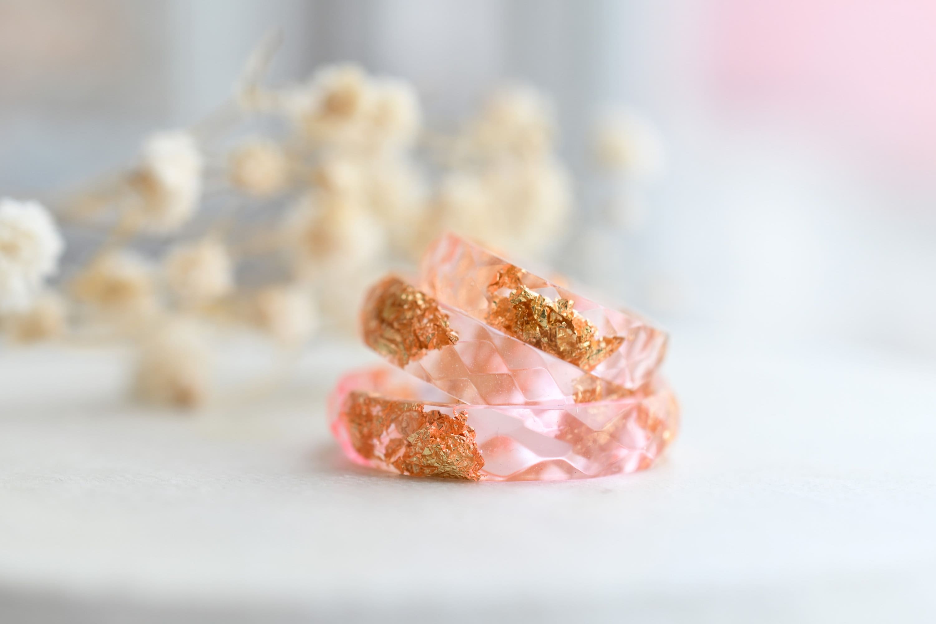 pink resin rings with gold foil