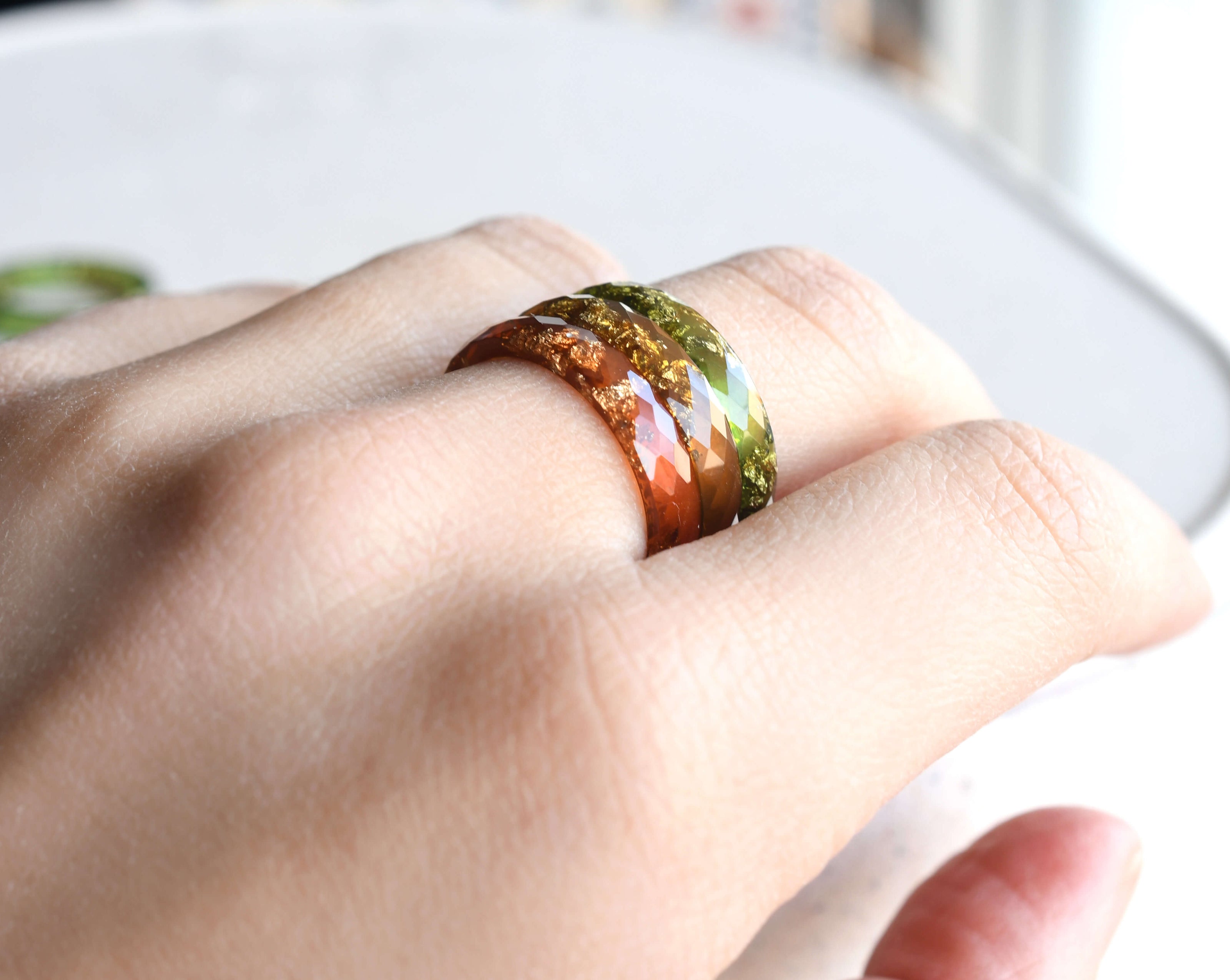 Faceted amber resin stacking ring with gold leaf — modern handmade jewelry by Resity