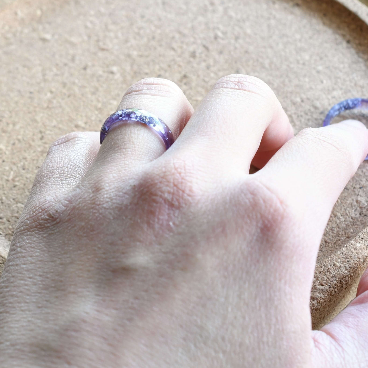 Amethyst color resin ring with silver leaf — modern handmade artisan jewelry from Vienna