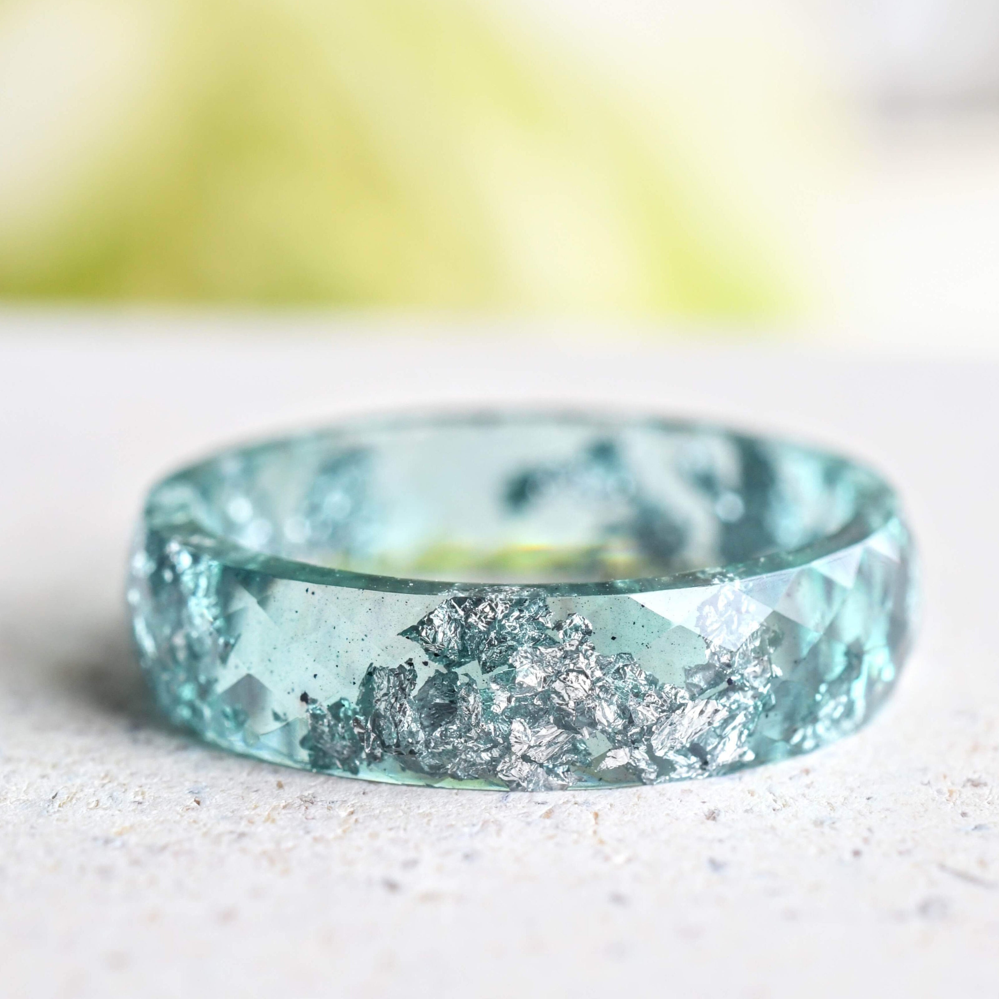 Aquamarine resin ring with silver flakes handmade by Resity in Vienna