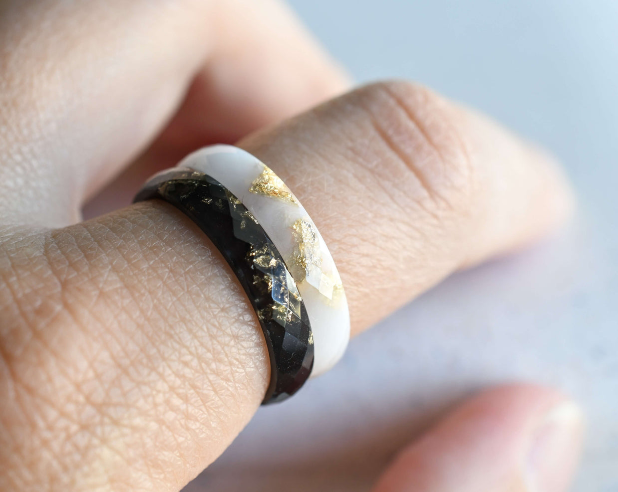 Black and white couples rings with gold leaf — minimalist modern handmade jewelry for him and her