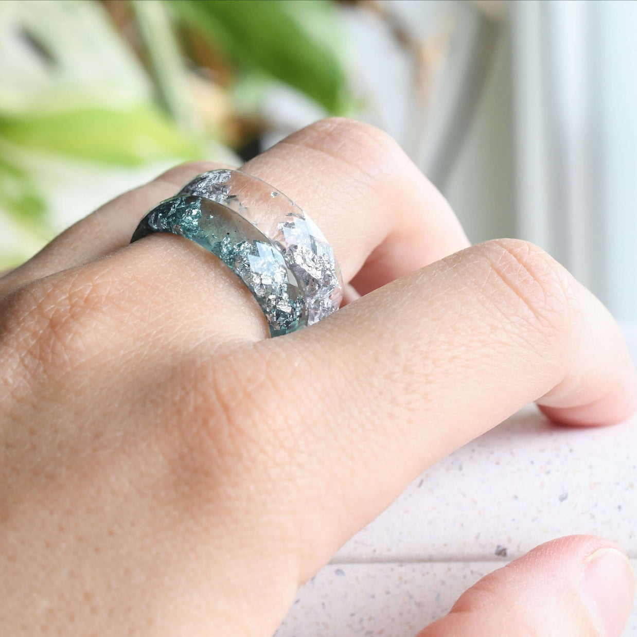 Clear resin ring with silver leaf — modern handcrafted Austrian jewelry by Resity