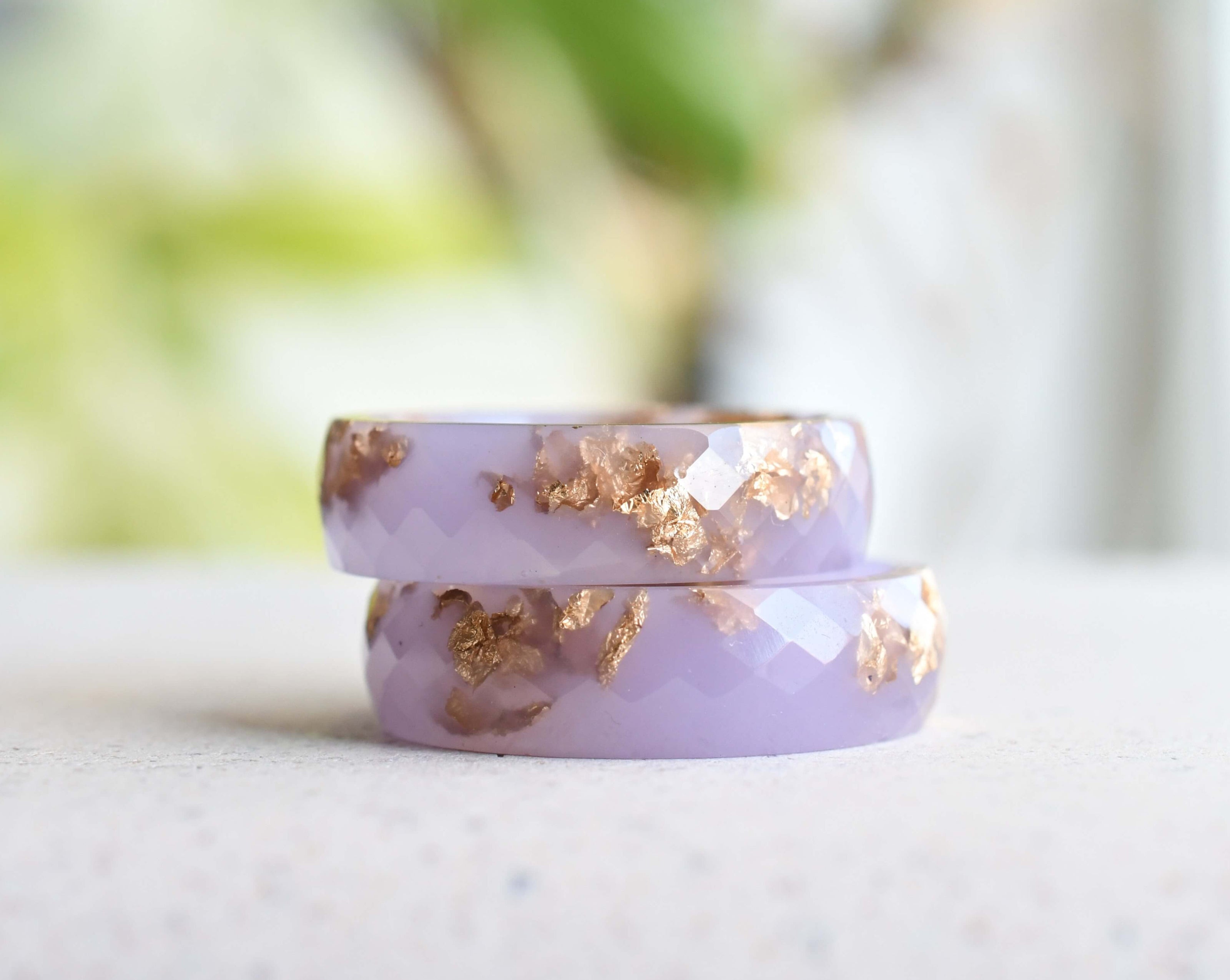 Dusty rose color resin ring with gold leaf — modern handmade artisanal jewelry from Vienna
