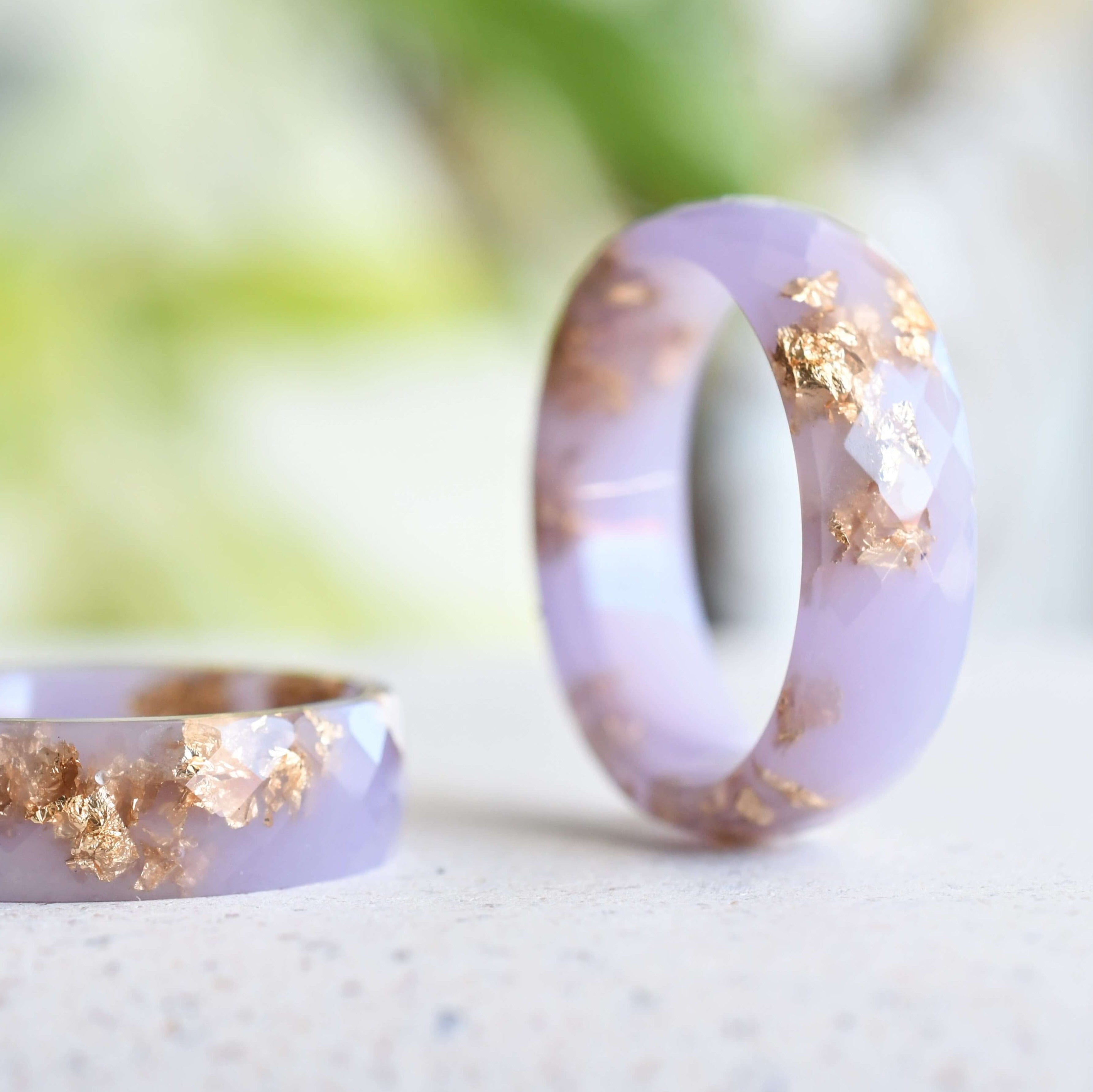 Dusty Rose Glow Ring — wide dusty rose resin band with gold leaf detail, handmade modern jewelry by Resity