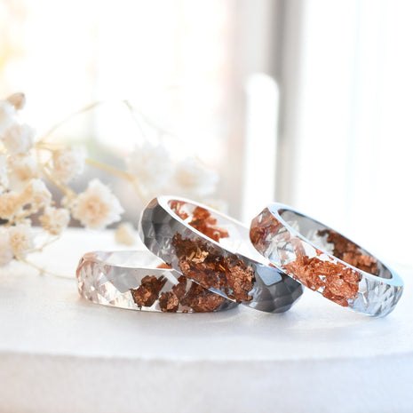 Faceted grey and clear resin ring with shimmering rose gold flakes — handmade jewelry